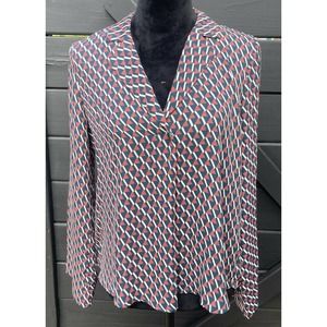 NEW Lush Blouse V-neck Collared Geometric Pattern Long Sleeve Pullover Small